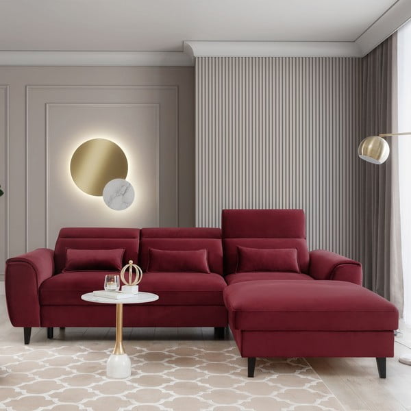 Červená zamatová rozkladacia/s úložným priestorom rohová pohovka (pravý roh/s leňoškou) Foble – ELTAP-image-1