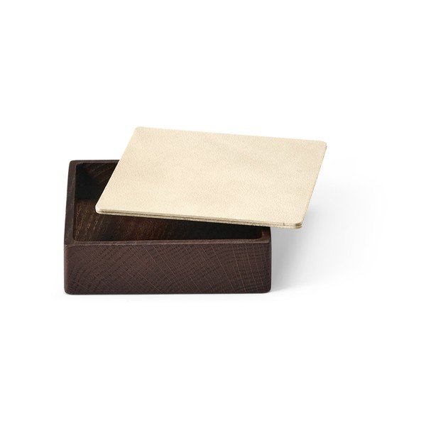Hnedý/krémový drevený/z eko kože úložný box s vekom/dekoratívny 11x11x3,5 cm Square Nupo – LIND DNA-image-1