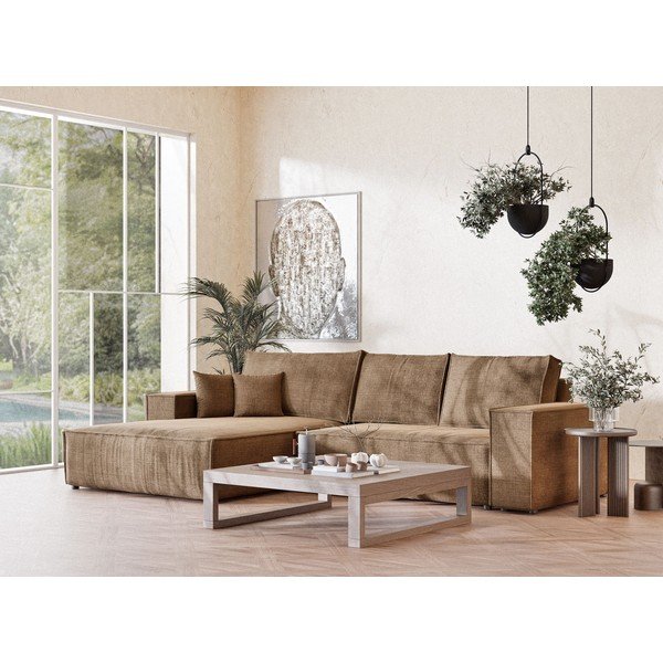 Svetlohnedá ženilková rozkladacia/s úložným priestorom rohová pohovka (ľavý roh/s leňoškou) Maze – Maison de Rêve-image-1