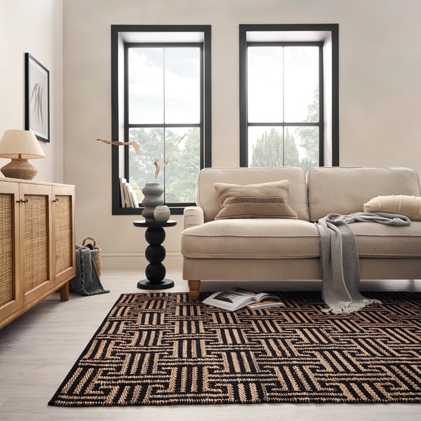 Čierny/v prírodnej farbe ručne tkaný koberec s prímesou juty 120x170 cm Meander Jute – Flair Rugs-image-2