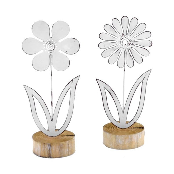 Sada 2 malých kovových dekorácií na drevenom podstavci s motívom kvetiny Ego Dekor, 9 × 21,5 cm