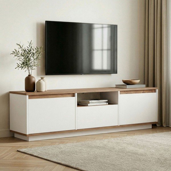 Biely/v prírodnej farbe TV stolík v dekore borovice 160x42x30 cm Sentinel – Kalune Design-image-1