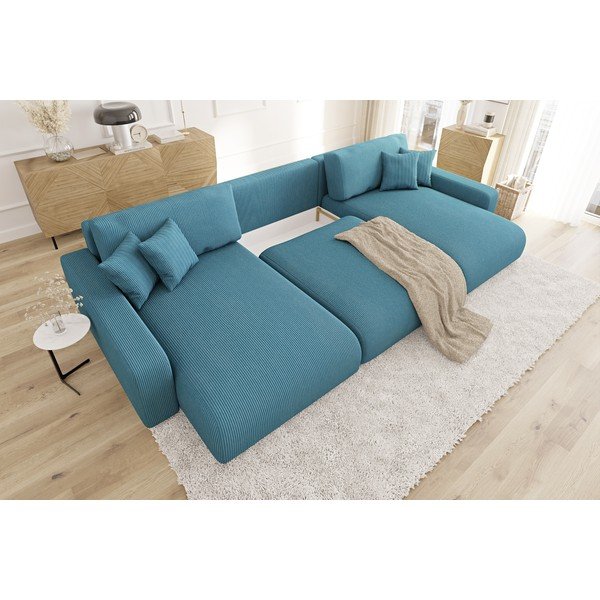 Tyrkysová menčestrová rozkladacia/s úložným priestorom rohová pohovka Sara – Ropez-image-4