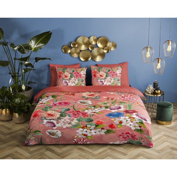 Oranžové obliečky na jednolôžko z organickej bavlny Descanso Flowery, 140 x 220 cm-image-1