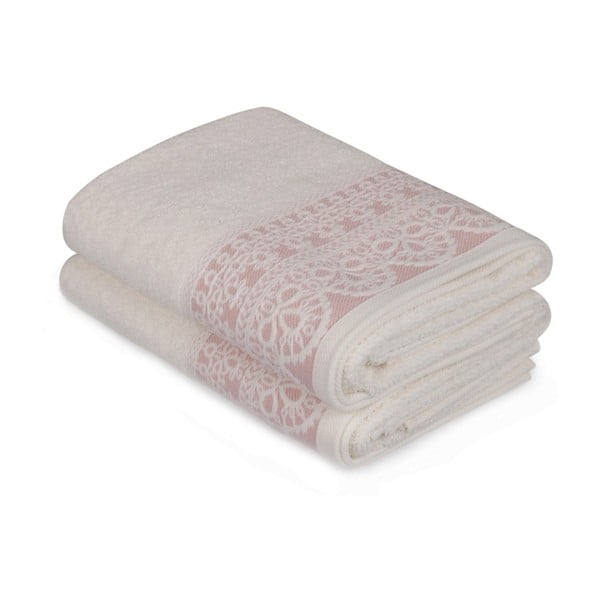 Sada dvoch bielych uterákov s ružovým detailom Romantica, 90 × 50 cm