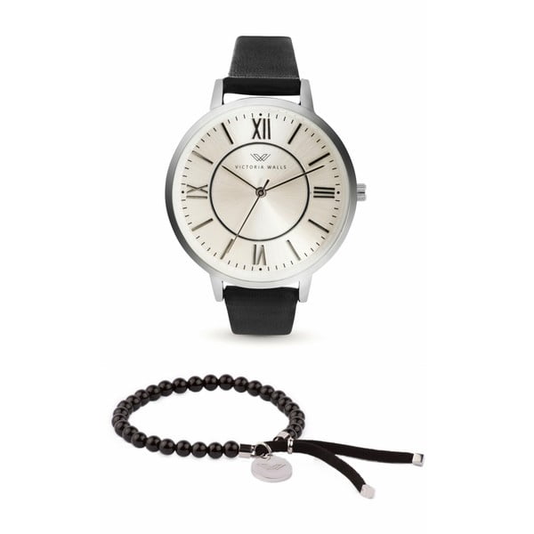 Set dámskych hodiniek s čiernym koženým remienkom a náramku Victoria Walls Classy