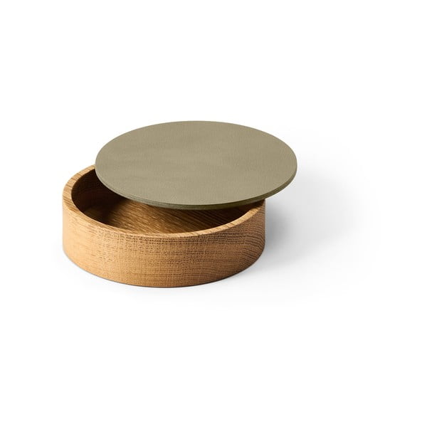 Zelený/v prírodnej farbe drevený/z eko kože úložný box s vekom/dekoratívny ø 11x3,5 cm Circle Nupo – LIND DNA-image-1