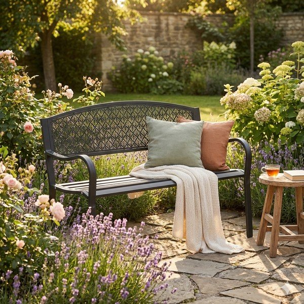 Antracitová kovová záhradná lavica Lizette – Bizzotto-image-1