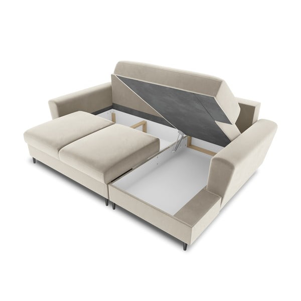 Béžová zamatová rozkladacia/s úložným priestorom rohová pohovka (pravý roh/s leňoškou) Kyoto – Cosmopolitan Design-image-3