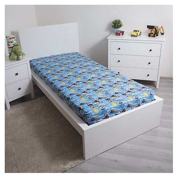 Modrá napínacia bavlnená detská plachta 90x200 cm Thomas the Tank Engine – Jerry Fabrics-image-1