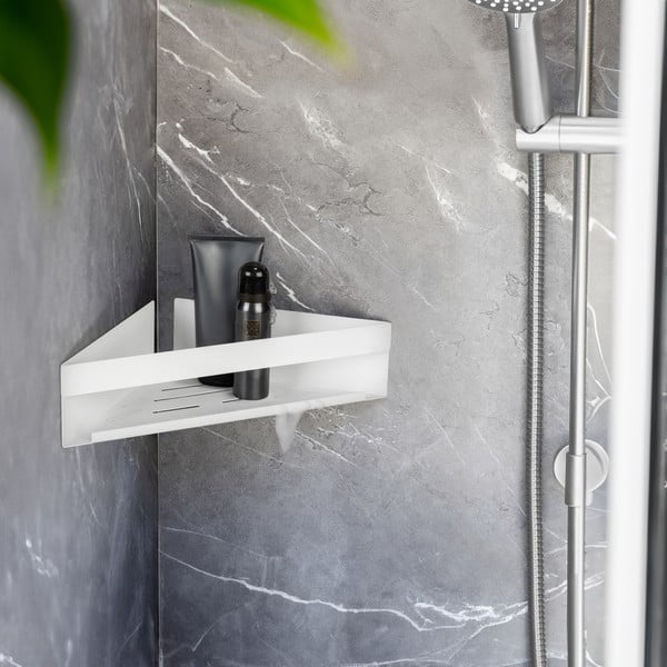 Matne biela kúpeľňová polička bez vŕtania/rohová Turbo-loc z nehrdzavejúcej ocele Genova – Wenko-image-1