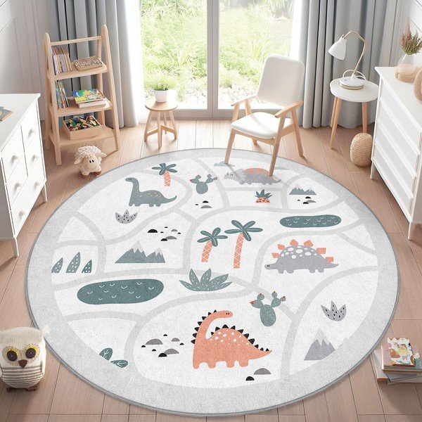 Svetlosivý prateľný detský hrací koberec ø80 cm Dino Park – Mila Home-image-1