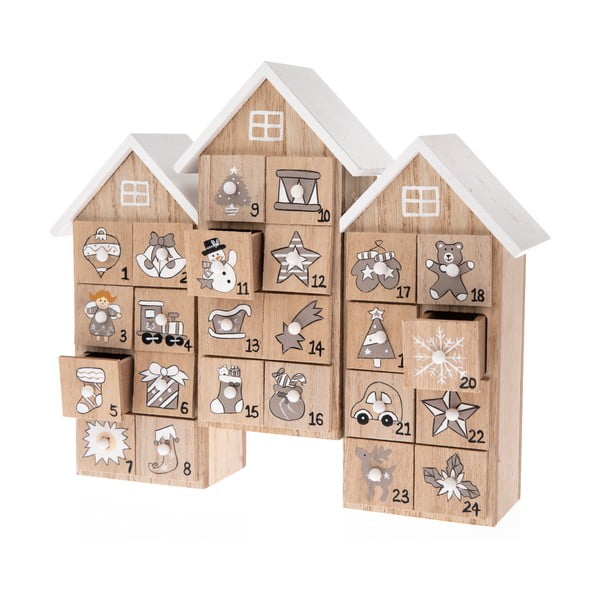 Drevený adventný kalendár v tvare domčekov Dakls, výška 21,5 cm