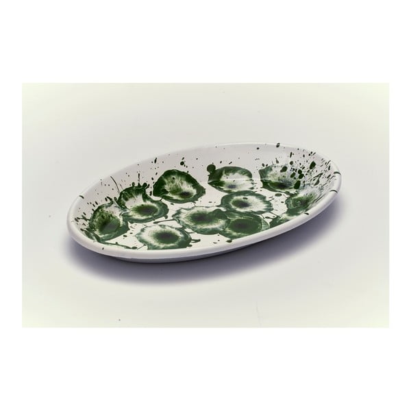 Zeleno-biely smaltovaný servírovací tanier Kapka Floral Madness