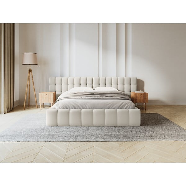 Krémová čalúnená dvojlôžková posteľ s úložným priestorom a roštom 200x200 cm Mamaia – Micadoni Home-image-1
