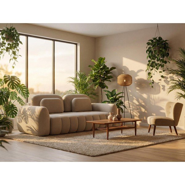 Svetlohnedá rozkladacia/s úložným priestorom pohovka z textílie buklé 266 cm Pele – Makamii-image-1