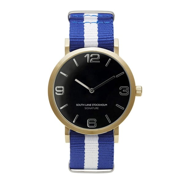 Unisex hodinky s modro-bielym remienkom South Lane Stockholm Signature Black Gold Stripes