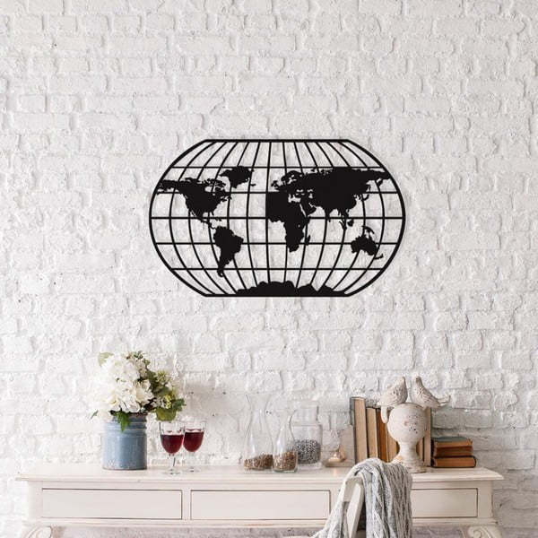 Čierna kovová nástenná dekorácia Oval World Map, 88 × 49 cm