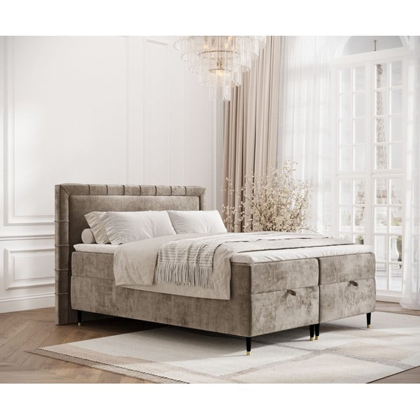 Béžová boxspring posteľ s úložným priestorom 160x200 cm Voyage – Maison de Rêve-image-1