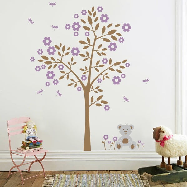 Samolepka na stenu Strom a medvedík, fialová - 2 archy, 70x50 cm
