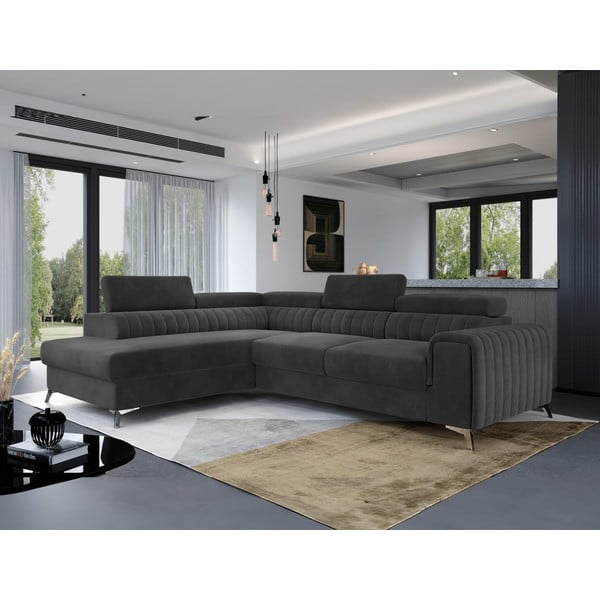 Tmavosivá zamatová rozkladacia/s úložným priestorom rohová pohovka (ľavý roh/do L) Laurence – ELTAP-image-1