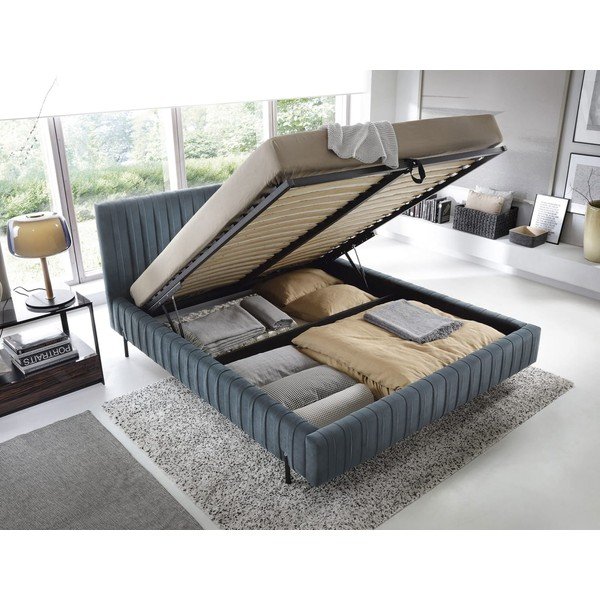 Modrá čalúnená dvojlôžková posteľ s úložným priestorom s roštom 140x200 cm Plissa – ELTAP-image-2