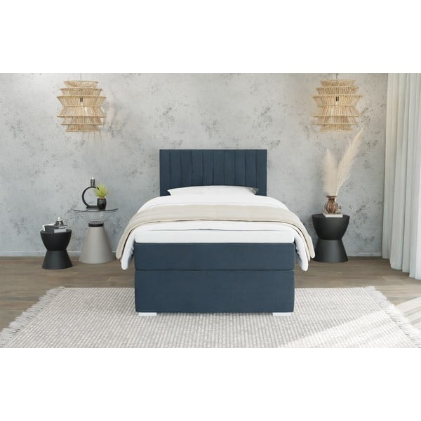 Tmavomodrá čalúnená jednolôžková posteľ s úložným priestorom s roštom 90x200 cm Bunny – Ropez-image-2