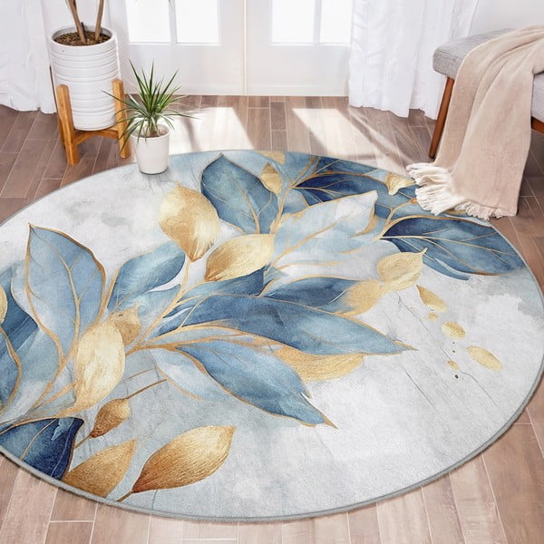 Prateľný okrúhly koberec v modrej a zlatej farbe ø 150 cm Golden Leaves – Mila Home-image-1