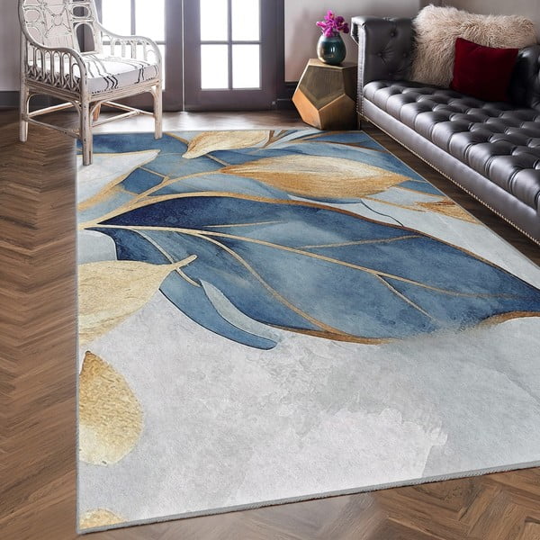 Prateľný koberec v modrej a zlatej farbe 120x180 cm Golden Leaves – Mila Home-image-4