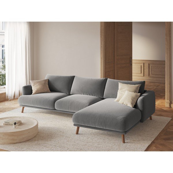 Sivá zamatová rohová pohovka (pravý roh/s leňoškou) Naomi – Micadoni -image-1