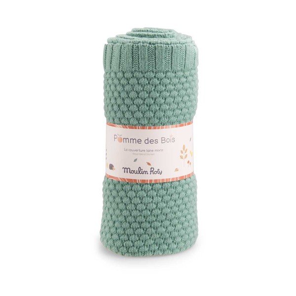 Zelená pletená detská deka zo zmesi vlákien 75x86 cm Pomme des Bois – Moulin Roty-image-1