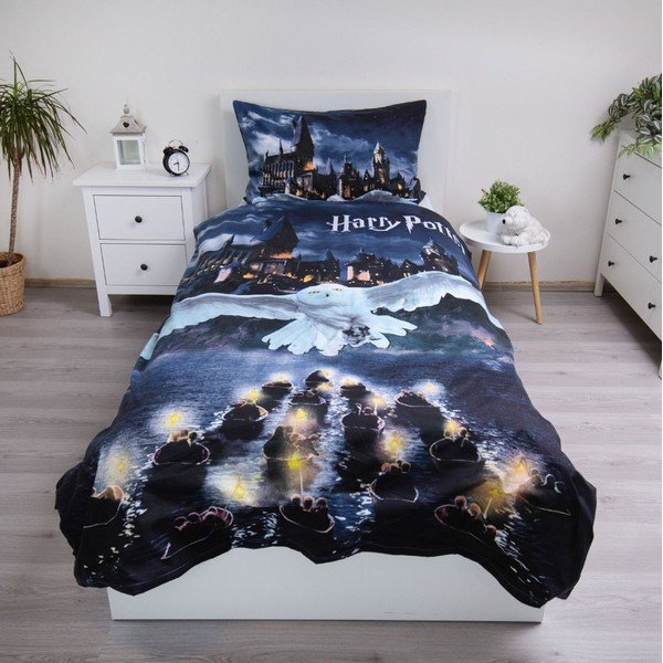Tmavomodrá/sivá detská obliečka na jednolôžko z mikrovlákna 140x200 cm Harry Potter "Hogwarts Night" – Jerry Fabrics-image-1