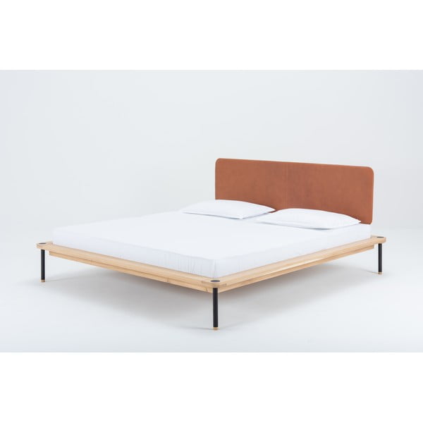 Hnedá/prírodná čalúnená dvojlôžková posteľ z dubového dreva s roštom 160x200 cm Fina - Gazzda-image-4