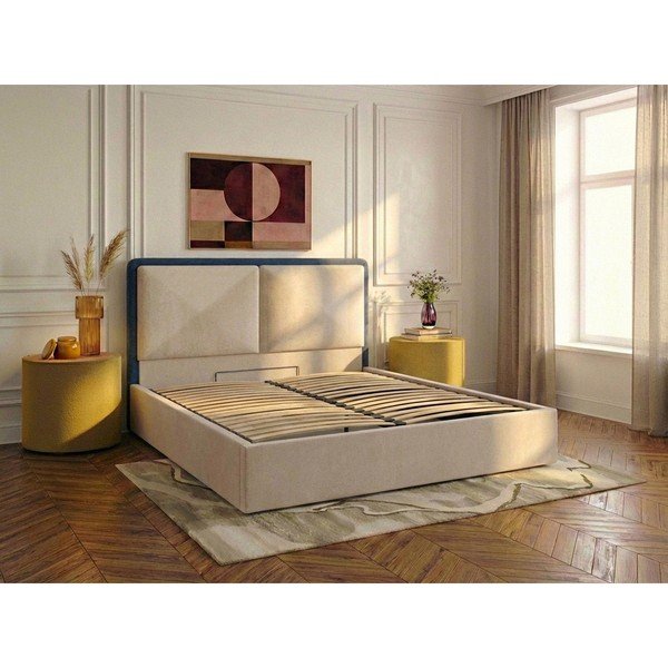 Modrá/béžová čalúnená dvojlôžková posteľ s úložným priestorom s roštom 180x200 cm Mara – Bobochic Paris-image-2