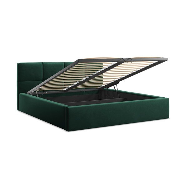 Tmavozelená zamatová čalúnená dvojlôžková posteľ s úložným priestorom s roštom 140x200 cm Hiko – Makamii-image-2