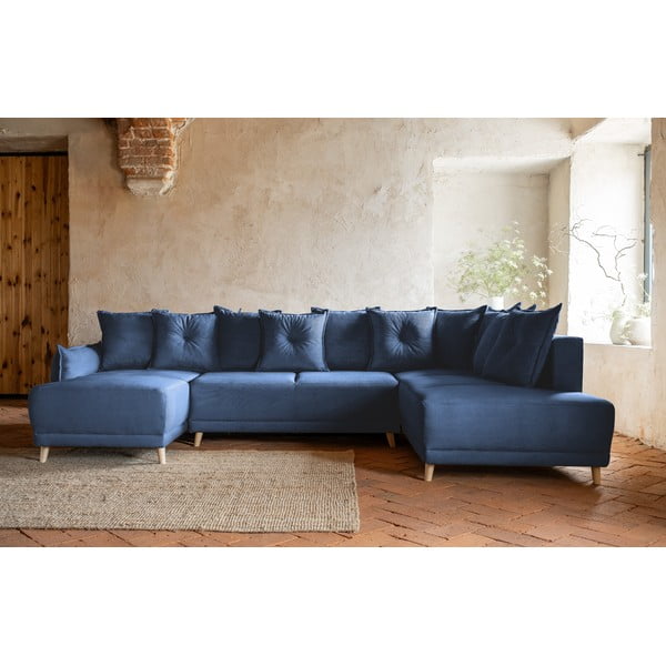 Tmavomodrá menčestrová rozkladacia rohová pohovka (pravý roh/do "U") Lazy Lukka – Miuform-image-1