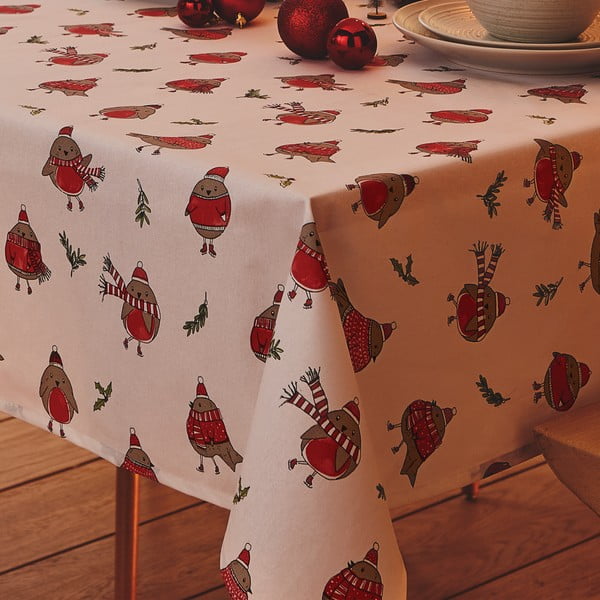 Bavlnený obrus s vianočným motívom 137x229 cm Christmas Robins - Catherine Lansfield