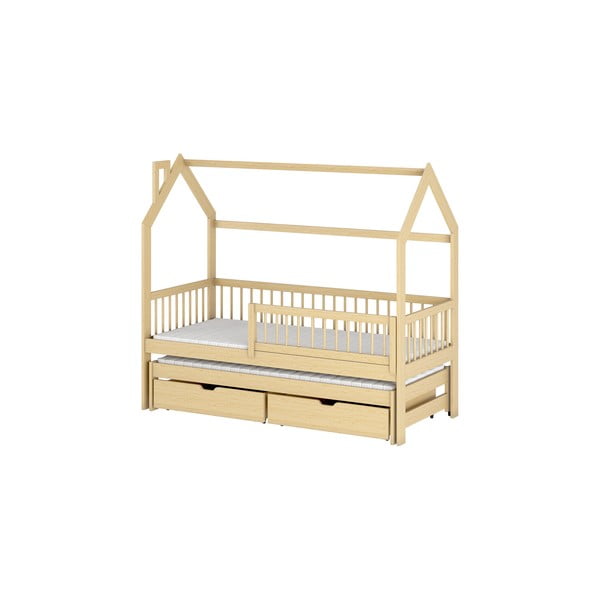 Domčeková detská posteľ z borovicového dreva s výsuvným lôžkom a úložným priestorom 80x160 cm Papi - Lano Meble
