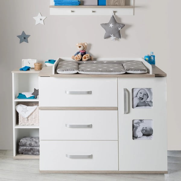 Biela nízka detská komoda v dekore brestu s prebaľovacím pultom 117x102 cm Moritz – Roba-image-1