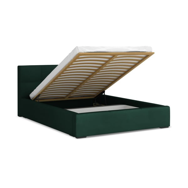 Tmavozelená zamatová čalúnená dvojlôžková posteľ s úložným priestorom s roštom 140x200 cm Hiko – Makamii-image-1