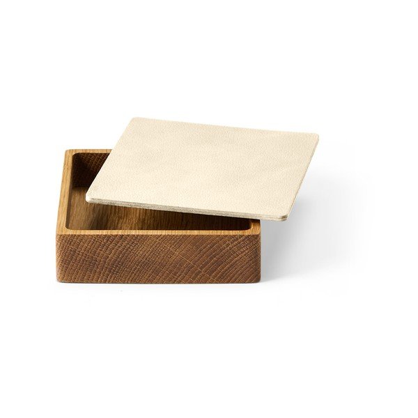 Krémový/v prírodnej farbe drevený/z eko kože úložný box s vekom/dekoratívny 11x11x3,5 cm Square Nupo – LIND DNA-image-1