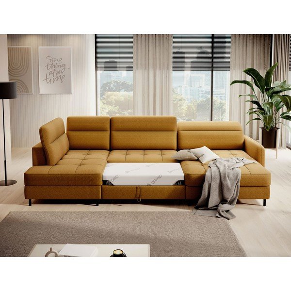 Žltá zamatová rozkladacia/s úložným priestorom rohová pohovka (ľavý roh/do tvaru "U") Berrto – ELTAP-image-4