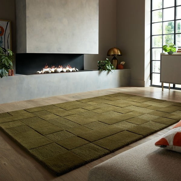 Kaki ručne tkaný vlnený koberec 120x170 cm Checkerboard – Flair Rugs-image-1