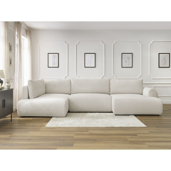 Krémovobiela menčestrová rozkladacia/s úložným priestorom rohová pohovka (ľavý roh/do tvaru "U") Lucien – Bobochic Paris-image-1