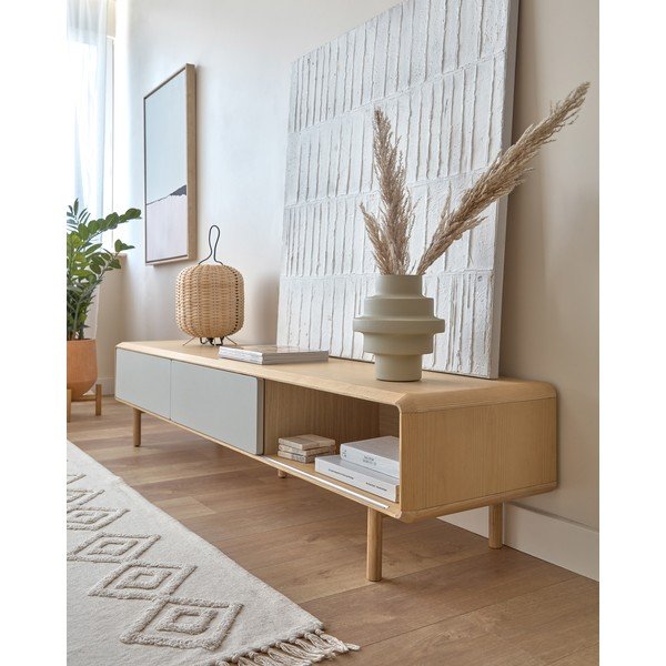 Sivý/v prírodnej farbe TV stolík v dekore jaseňa 180x41x42 cm Anielle – Kave Home-image-4