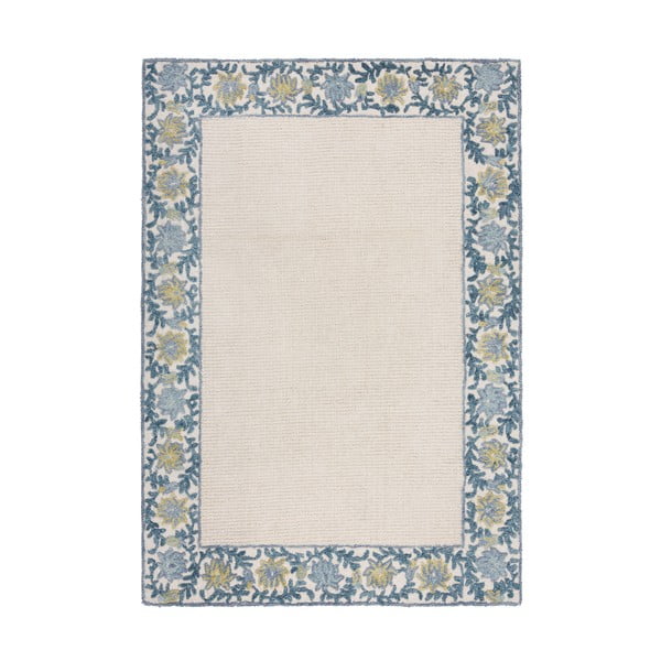 Modrý/slonovinový ručne tkaný koberec s prímesou vlny 160x230 cm Myla Floral Frame – Flair Rugs