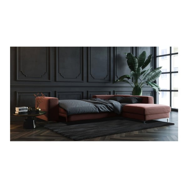 Tmavoružová zamatová rozkladacia rohová pohovka Devichy Rothe, pravý roh-image-4