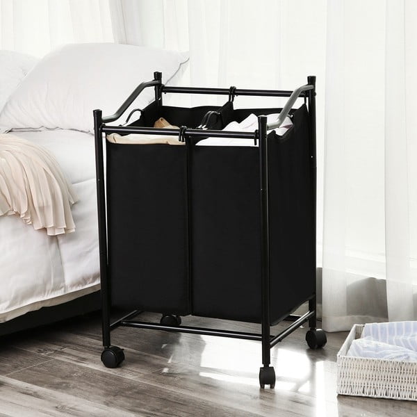 Čierny kôš s kolieskami a 2 segmentmi na bielizeň Songmics-image-1