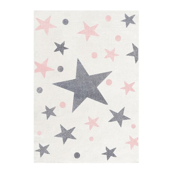 Biely detský koberec so sivými a ružovými hviezdami Happy Rugs Stars, 80 x 150 cm