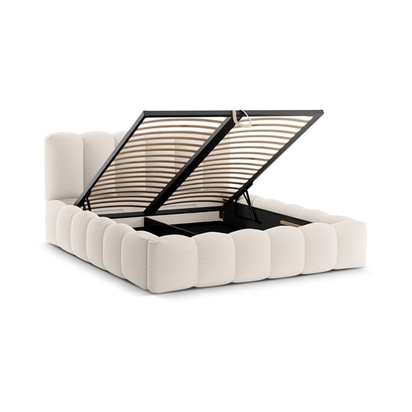 Krémová čalúnená dvojlôžková posteľ s úložným priestorom s roštom 160x200 cm Lupine – Micadoni-image-2
